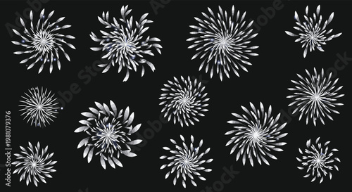 Array of silver shimmering fireworks or starburst shapes creates a festive and celebratory pattern against a dark black background.