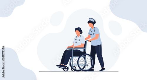 Nurse pushing patient in wheelchair, healthcare, medical assistance, hospital scene