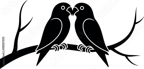 Two birds sitting on a tree branch facing each other in black silhouette