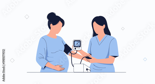 Pregnant woman having blood pressure checked by nurse, medical checkup illustration