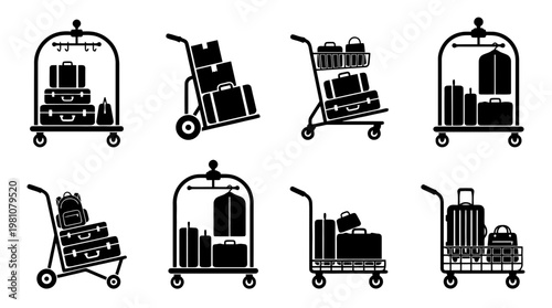 luggage cart silhouette vector set