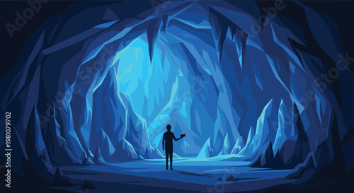 Small silhouette of a person exploring a vast and majestic deep blue ice cave filled with sharp stalactites and stalagmites.
