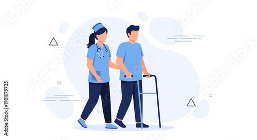 Nurse assisting patient with walker, rehabilitation and healthcare concept