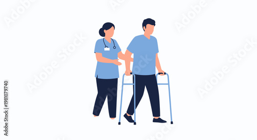 Nurse assisting patient with walker for rehabilitation and recovery