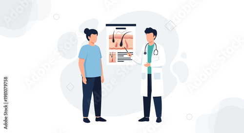 Doctor explaining skin structure to patient with diagram of hair follicles and skin layers