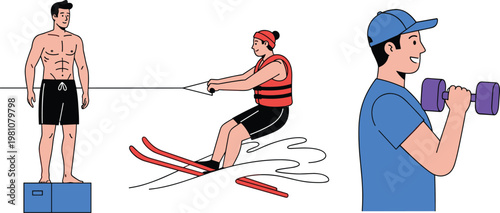 Set of Athletic Men Vector Illustrations Featuring Fitness Training with Dumbbells Water Skiing and Bodybuilding for Sports Wellness and Active Lifestyle Designs