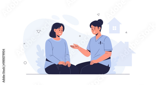 Nurse talking to patient at home, healthcare support, medical consultation, home visit