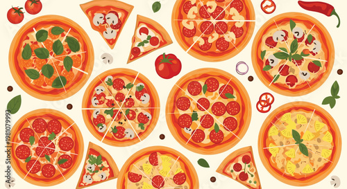 Appetizing top view of numerous whole pizzas and slices with various toppings like pepperoni, mushrooms, and basil on a light background.