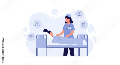 Nurse Caring for Patient in Hospital Bed with Medical Icons