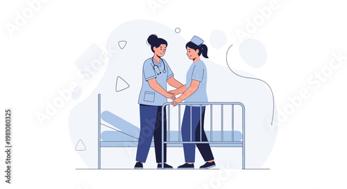 Nurse Assisting Patient Out of Hospital Bed, Healthcare Concept