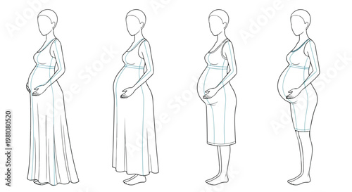 Pregnant Woman Silhouette Line Art Vector Set in Different Dress Lengths