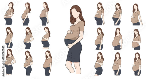 Pregnant woman gestation progress illustration set