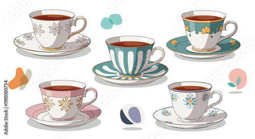 Collection of six beautifully decorated vintage teacups and saucers with floral and geometric patterns filled with dark tea.