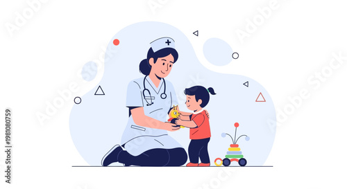 Nurse playing with a child, healthcare, medical, pediatric, caring, illustration