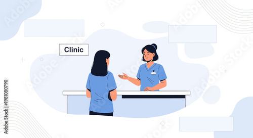 Doctor and patient at clinic reception desk, healthcare consultation, medical appointment