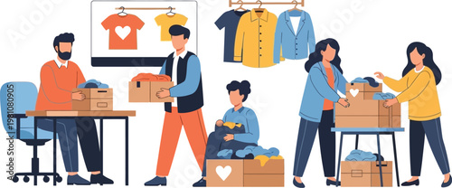 People sort donated clothing into cardboard boxes for charity distribution.