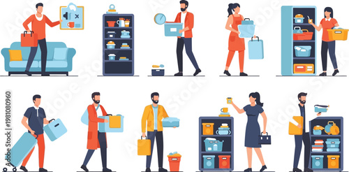 Staff organize personal items and belongings in a storage facility setting.