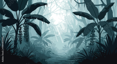 Dense tropical jungle forest is filled with mist and light rays filtering through large leaves and bunches of hanging bananas.