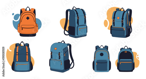 Collection of modern backpack designs features various styles and colors like orange and blue suitable for travel or school.