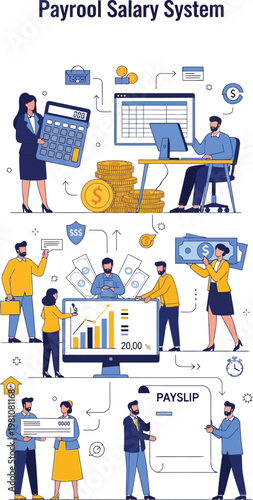 Financial team manages a payroll salary system using digital accounting tools.