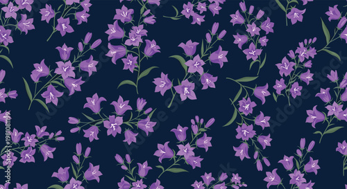 Elegant purple bellflower pattern covers the dark blue background in a seamless floral design suitable for textiles or wallpaper.