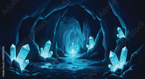 Underground cave is filled with glowing blue crystals that illuminate the dark rocky caverns and water on the cave floor.