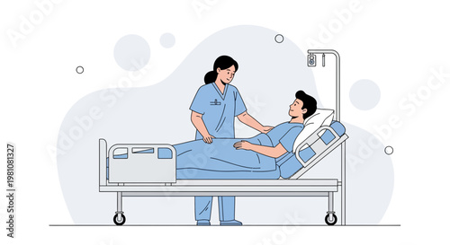 Nurse caring for patient in hospital bed, medical illustration
