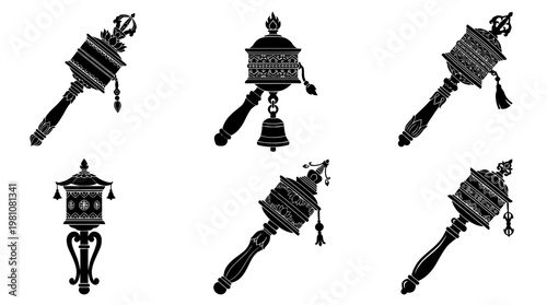 prayer wheel silhouette vector set