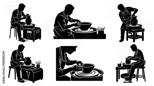 pottery wheel silhouette vector set