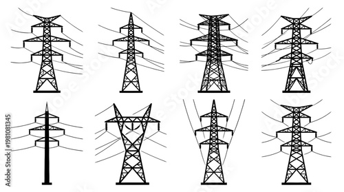 power grid tower silhouette vector set