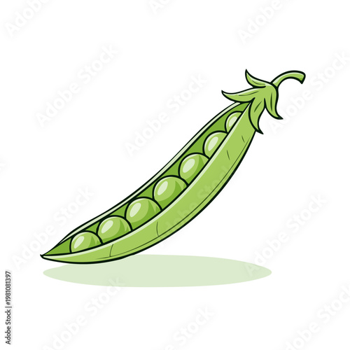 Vibrant cartoon illustration of a freshly picked green pea pod filled with plump round peas