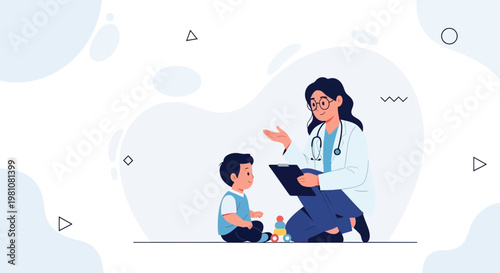 Doctor consulting child patient with toys, healthcare concept illustration