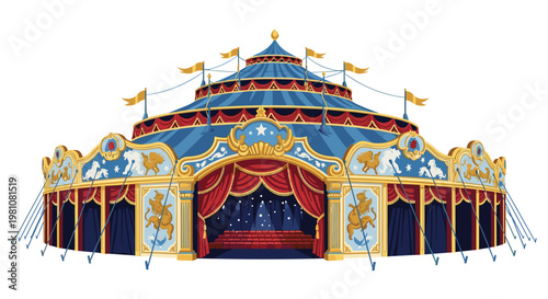 Grand circus tent with blue and red stripes and gold decorations features multiple flags and an open entrance to the stage.