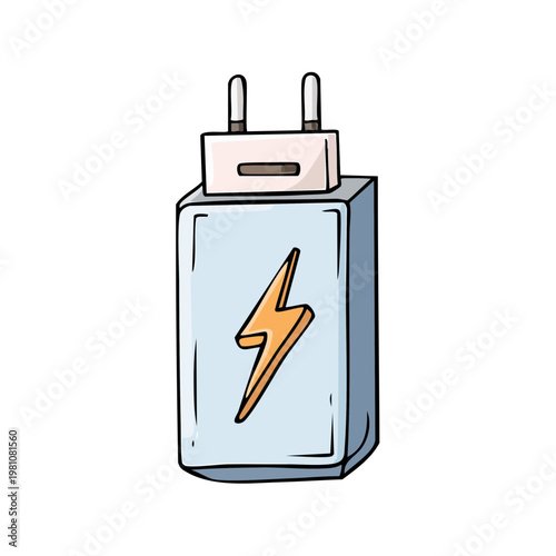 Hand drawn illustration of a power adapter with a lightning bolt symbol for charging electronics