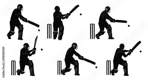 Set of 6 Cricket Batsman Silhouettes Batting Vector