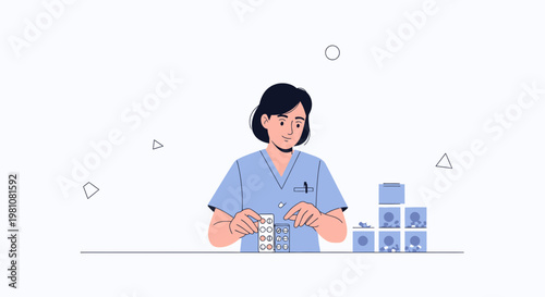 Nurse holding pills, medical supplies and boxes in a clinic
