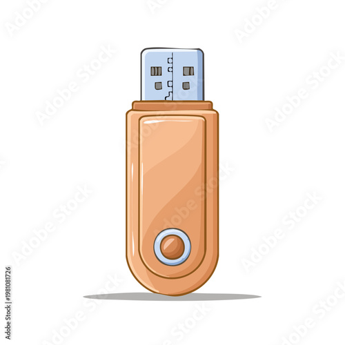 Orange USB flash drive with metallic connector and circular button detail isolated on white