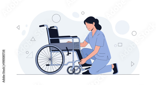 Nurse assisting patient with wheelchair, healthcare concept illustration