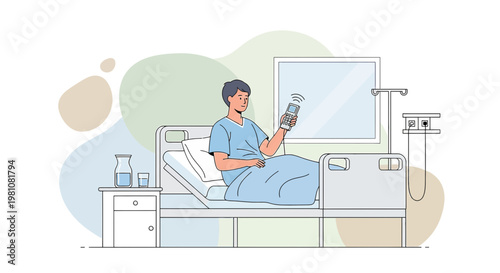 Patient with Remote Control in Hospital Bed, Modern Healthcare Technology Concept