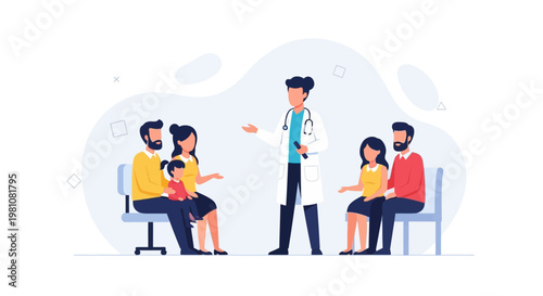 Doctor Consulting With Two Families In A Waiting Room, Flat Illustration