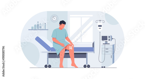 Patient with Knee Pain in Hospital Room, Receiving Medical Treatment