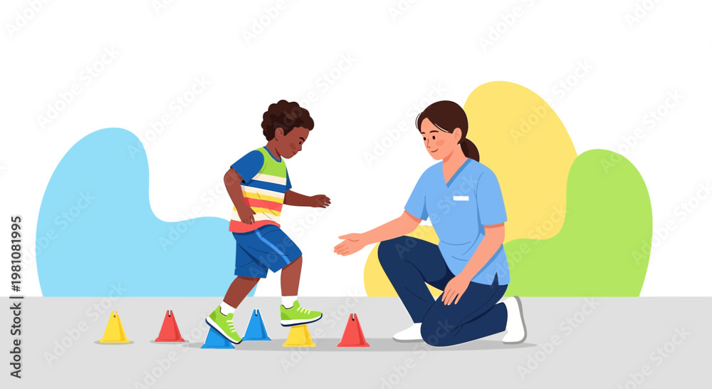 Obraz premium Pediatric Physical Therapy: Child Completing Obstacle Course with Therapist