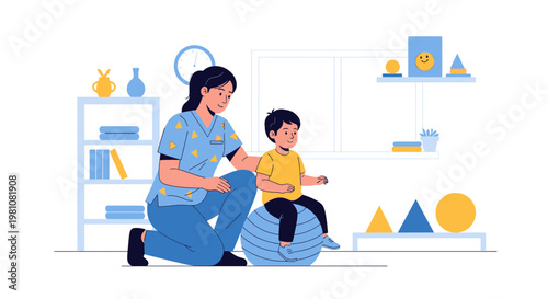 Pediatric physical therapist assisting child on therapy ball for rehabilitation exercises