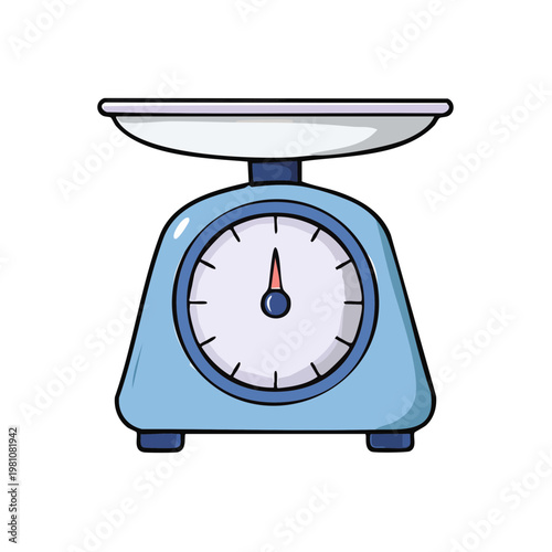 Retro blue kitchen scale with analog dial and platform for measuring ingredients