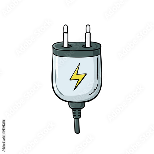 Cartoon illustration of a power adapter plug with a yellow lightning bolt symbol for energy and electricity