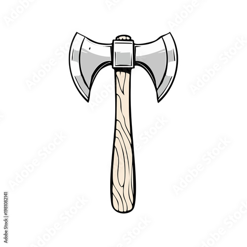 Double-bladed battle axe weapon with a wooden handle, a medieval or fantasy tool for combat and chopping