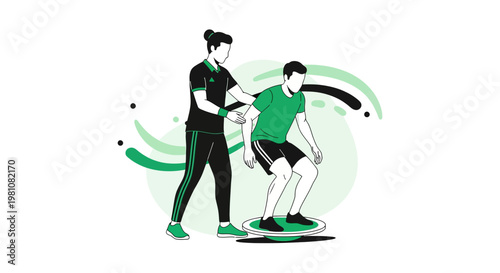 Personal Trainer Assisting Client with Balance Board Exercise for Rehabilitation and Fitness