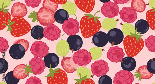 Colorful mix of berries including strawberries and raspberries plus blueberries and gooseberries forms a seamless pattern.
