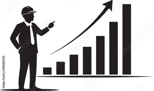Businessman in hard hat pointing at rising bar graph