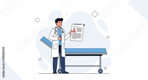 Doctor with Medical Chart and Examination Bed - Healthcare Illustration